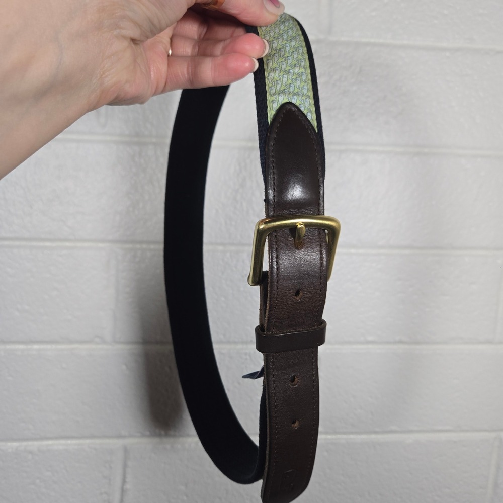 Vineyard Vines Whale Canvas Belt Mens‎ 32 Italian Leather Brass Buckle Preppy